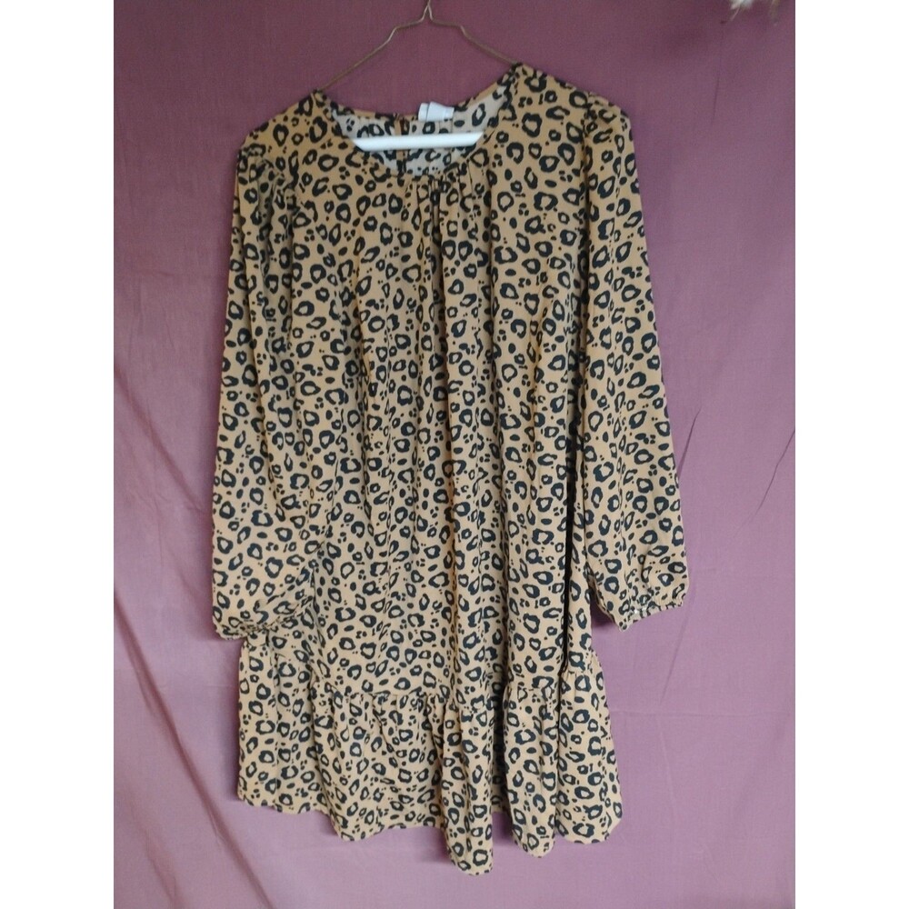 Women's 1X Ava & Viv Shift Dress Long Sleeve Brown Ruffle Trim Animal Print